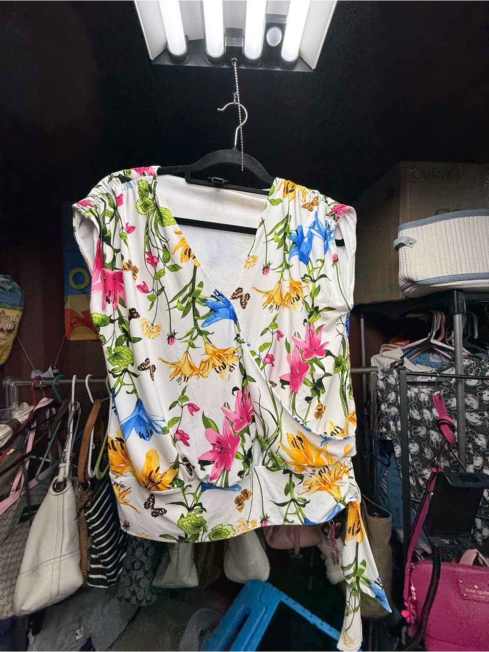 INC International Concepts White Floral Tie-Waist V-Neck Top